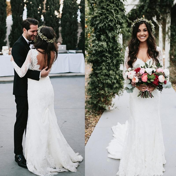 Simple Boho Sheath Wedding Dresses Bridal Gowns Sexy V Neck Open Back With Long Sleeves Lace Sexy Custom Made Vestidos De Novia