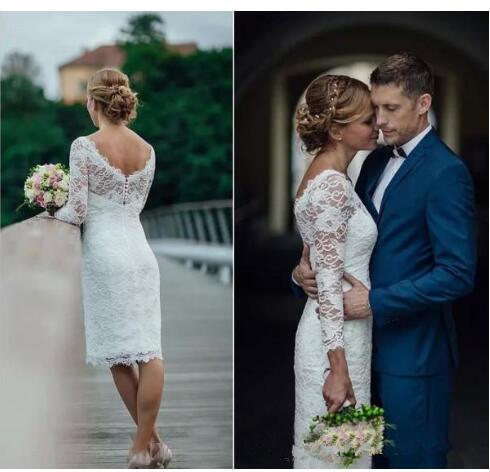 Vintage Lace Short Knee Length Wedding Dress with Illusion Sleeves Sheer Neckline Cheap Custom Made Country Beach Bridal Gowns robe de marié
