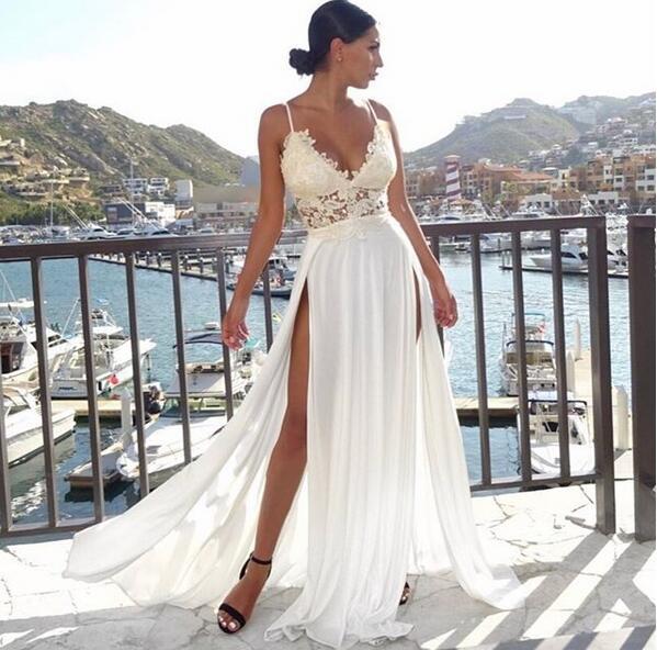 chiffon Wedding Dresses With sheer lace Bohemian sexy split A-Line Bridal Gowns Country boho Wedding Dresses custom made abiti da sposa