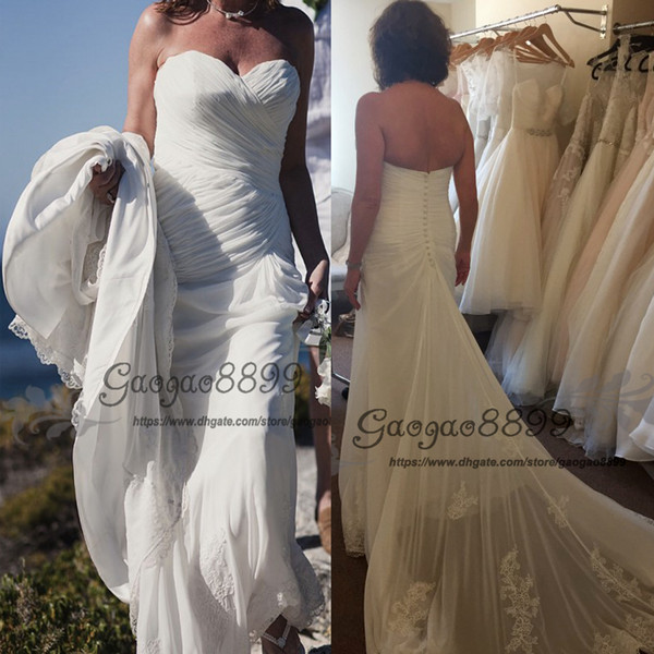 Hot sale chiffon beach wedding dresses sheath covered buttons modest sweetheart fit and flare pleats lace country bridal wedding gowns