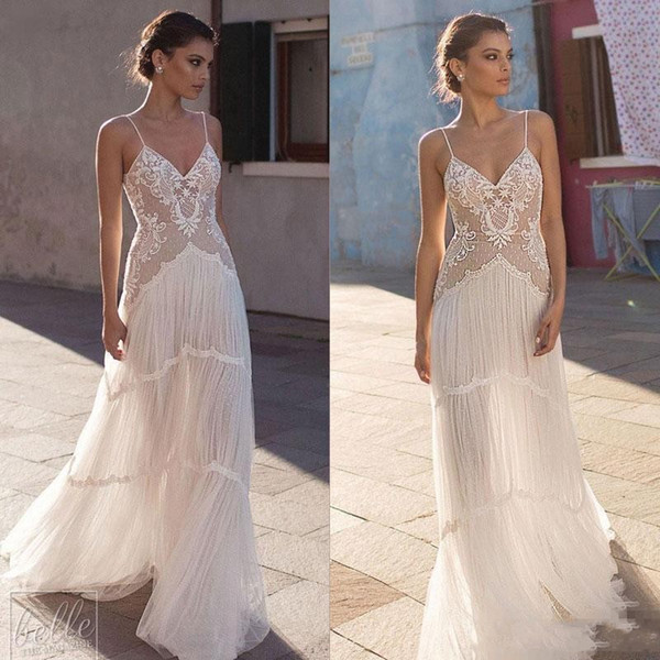 Gali Karten A Line Boho Wedding Dresses Long Bohemia Sexy Spaghetti Neck Lace Appliqued A Line Bridal Gowns Cheap
