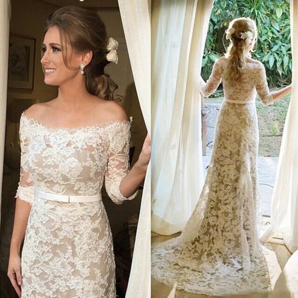 Modest Wedding Dresses Half Sleeves Off Shoulder Full Lace Sheath Cheap Custom Made Garden Outdoor Wedding Bridal Gowns