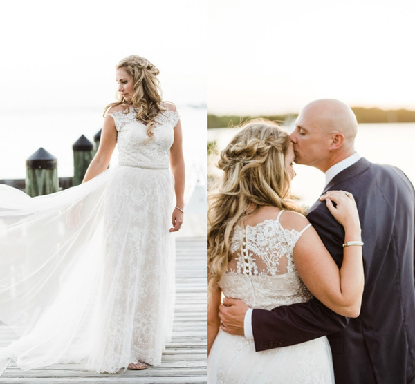 Vintage Full Lace Sheath Plus Size Wedding Dresses Bateau Neck Short Sleeve Sweep Train Vintage Beach Wedding Bridal Gowns DTJ