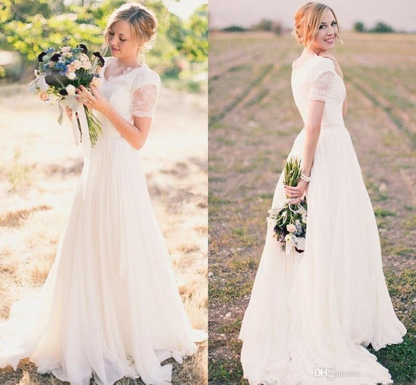 Country Style Sheath Wedding Dresses V Neck Cap Short Sleeve Sweep Train with Lace Appliques Bohemian Cheap Wedding Bridal Gowns DTJ
