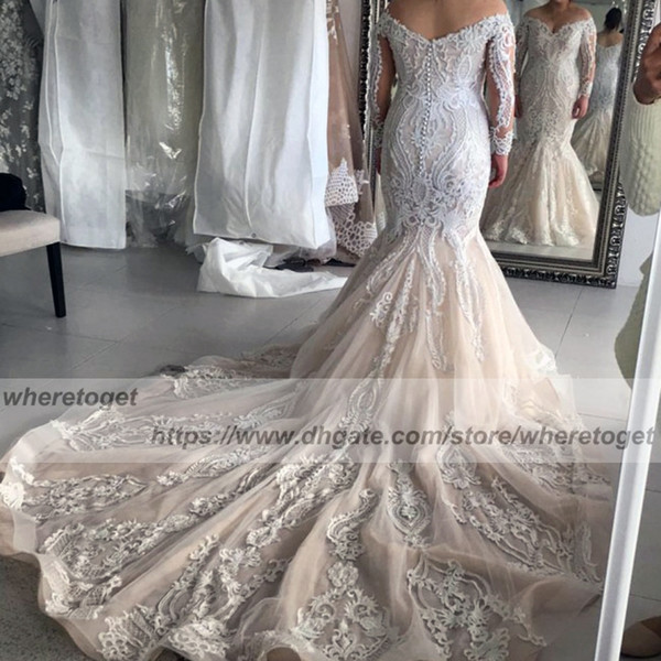 Luxury Dubai Arabic Mermaid Wedding Dresses long sleeves Off Shoulder V neck chapel Train appliques Backless Lace Wedding Bridal Gowns
