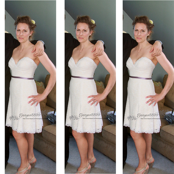 Cheap Knee Length short sheath Wedding Dresses with purple sash vintage lace sweetheart country garden beach hippie Bridal Gowns custom made