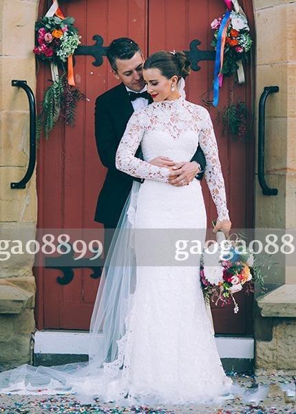 Modest Lace Country Wedding Dresses Bridal Gowns High Neck Long Sleeve Wedding Dress With Covered Button Back Cheap