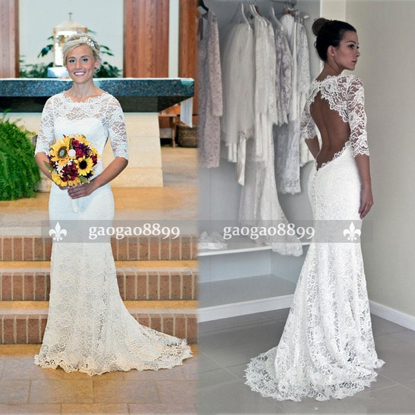 Spring Sheath Cheap Wedding Dresses Bridal Wedding with Half Long Sleeves Lace Crew Neck Vestidos De Noiva Backless Plus Size