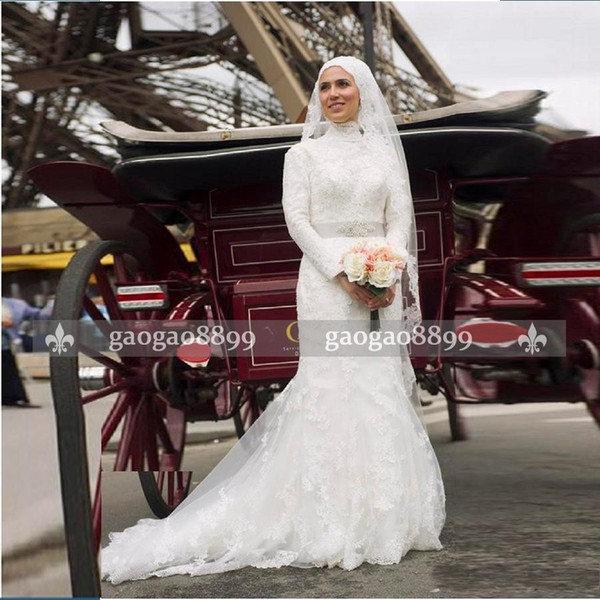 Muslim Robe De Mariage Vintage Wedding Dresses Bridal Gowns Full Sleeves Lace Sash Appliques Beaded vestidos de novia
