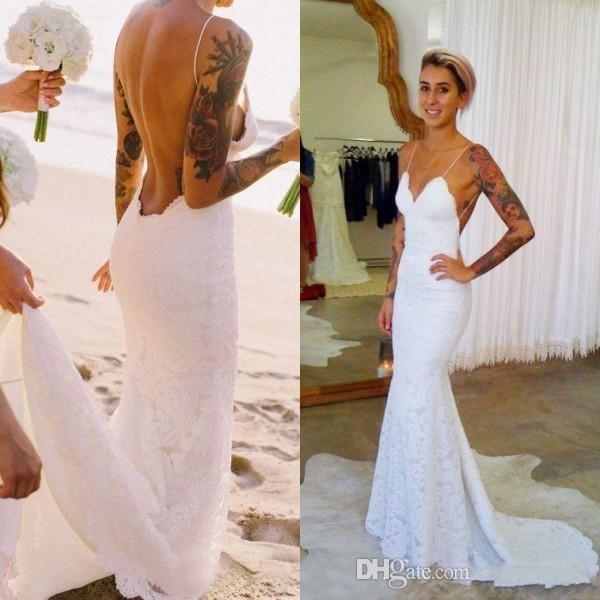 Simple Beach Wedding Dresses Cheap Spaghetti Straps Backless Sweep Train Full Lace Bridal Gowns Custom Plus Size Lace Wedding Gowns