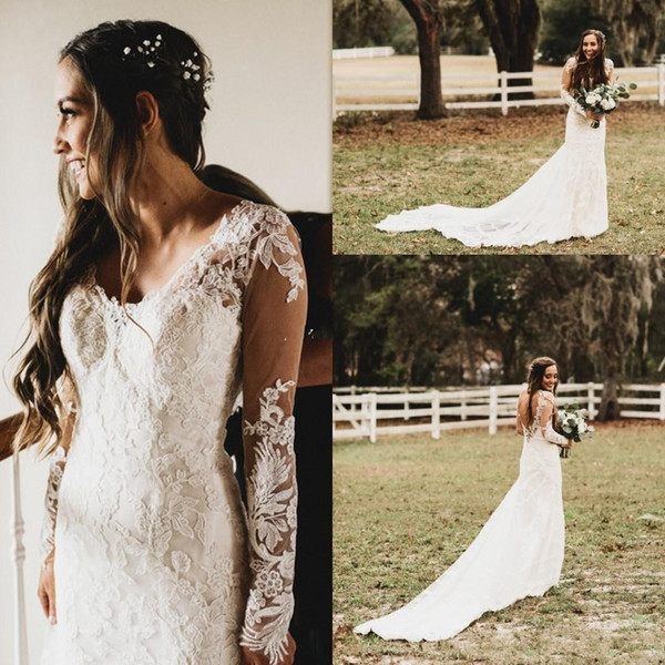Sexy Sheath Wedding Dresses Spring Summer Country Lace Sheer Long Sleeves Open Back Beach Bridal Gowns for Garden Wedding DTJ