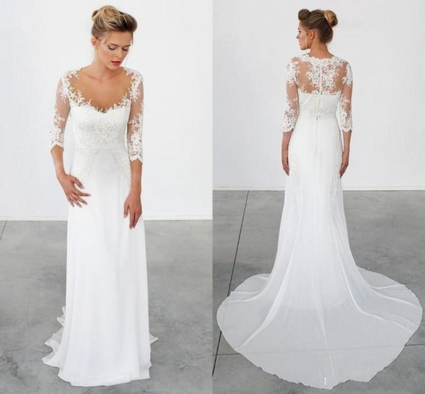Simple Chiffon Sheath Wedding Dresses Scoop Neck Cap 3 4 Sleeve with Lace Appliques Hollow Back Sweep Train Simple Cheap Dress DTJ