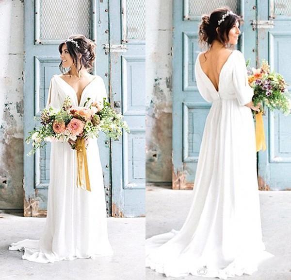Spring Summer Sexy Sheath Deep V Neckline Backless Poet Half Sleeve Sweep Train Chiffon Wedding Dresses DTJ
