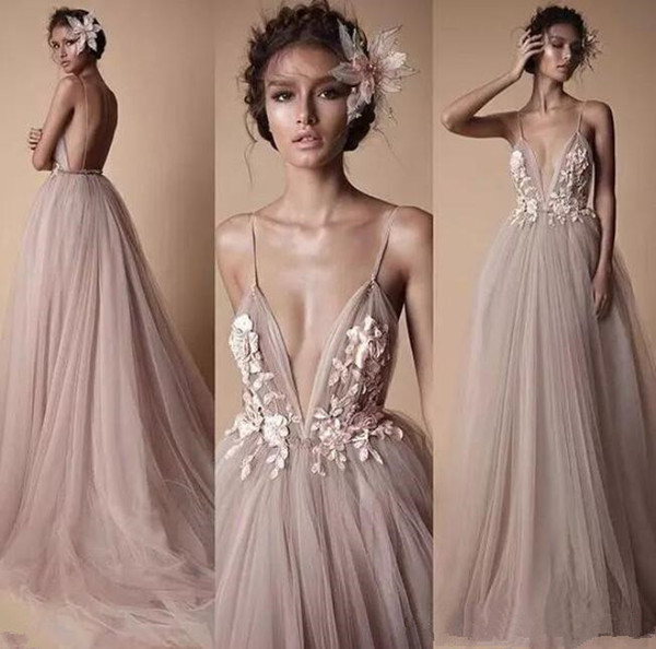 Berta boho Wedding Formal Dresses Sheer Tulle Lace Floral Spaghetti Sweep Train Backless Holiday Party gowns plus size cheap