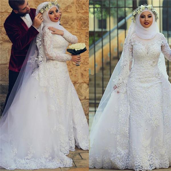 Vintage Full Lace Sheath Plus Size Muslim Wedding Dresses Bridal Gowns High Neck Long Sleeve Floor Length with Detachable Train