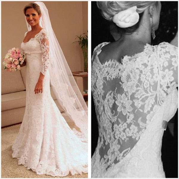 Sheath Wedding Dresses Modest 3/4 Sleeves Lace Appliques Sweep Train Bridal Gowns Custom Made Vestido de Noiva DTJ
