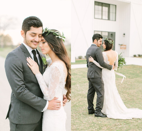 Simple Full Lace Sheath Wedding Dresses Appliques V neck Long Sleeve Backless Sweep Train Vintage Beach Wedding Bridal Gowns DTJ