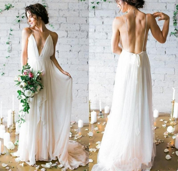 Simple Sexy Plunging V Neck Straps Spaghetti Sheath Chiffon Wedding Dresses Backless Long Cheap Bridal Gowns Summer Beach Wedding DTJ