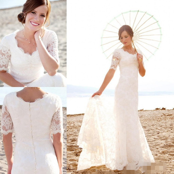 Beach Lace Boho Sheath Wedding Dresses Scoop Covered Button Half Sleeve Sweep Train Cheap Plus Size Wedding Gown