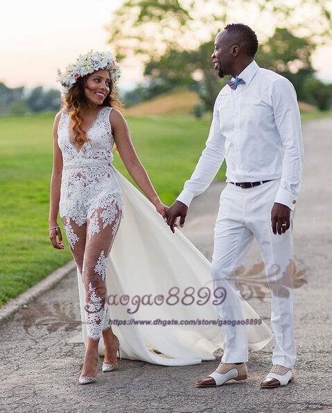 african elegant jumpsuits Wedding Dresses sheer full lace simple with detachable train V neck Arabic Chiffon crystal boho Bridal gowns