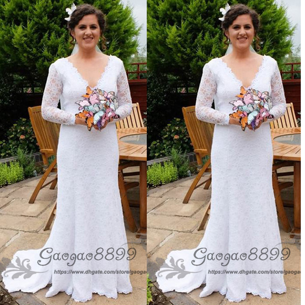 Sexy Backless Summer Holiday Boho Wedding Dresses Lace long sleeves Sheath Garden Beach Bohemian V neck fit and flare Bridal Wedding Gowns