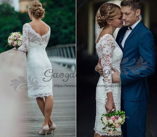 Cheap lace Knee Length short Wedding Dress with covered buttons vintage lace Long Sleeve country garden beach Bridal Gowns