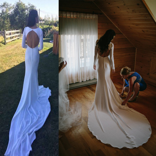 bohemian Wedding Dresses long sleeves Sheath Bridal Gowns with Keyhole back Beach boho formal court long train Wedding Gowns