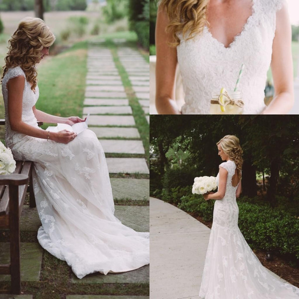 Bohemian country Wedding Dresses Beach Lace Bridal Gown V Neck Open Back Sweep Train lace backless wedding gowns