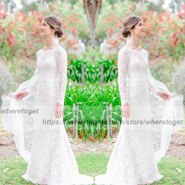 Vintage Lace Sheath beach Wedding Dresses backless Long Sleeves jewel neck backless Modest Plus Size Country Garden Bridal Gowns