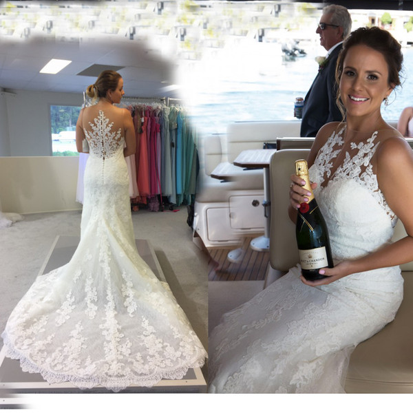 Modest Country Wedding Dresses vintage Lace illusion cap sleeves Jewel plus size court long train sheath wedding Bridal Gowns Cheap