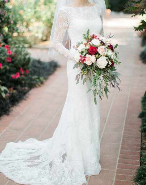 long sleeve lace wedding dress mermaid elegant bateau neck modest backless country wedding gowns plus size bridal gown