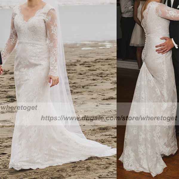 Vintage Lace Sheath beach mermaid Wedding Dresses backless Long Sleeves Covered Buttons Plus Size Western Country Garden Bridal Gowns
