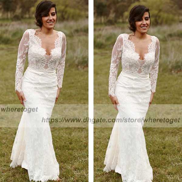Bohemian Country backless Wedding Dresses With Sheer Long Sleeves Sexy V Neck sheath vintage Lace Boho Bridal Gowns Cheap