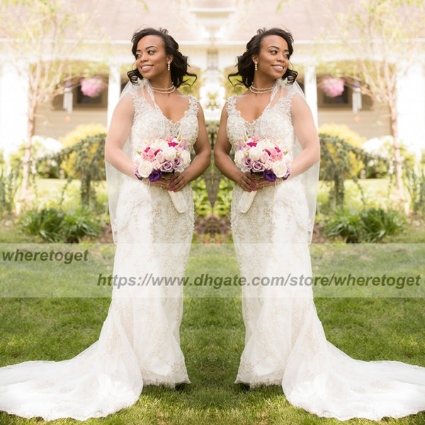 Vintage Lace Sheath beach Wedding Dresses backless south africa Sexy V neck backless Modest beading lace applique Garden Bridal Gowns