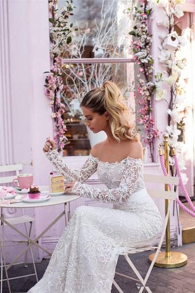 Romantic Lace Mermaid Wedding Dresses New Sheer Long Sleeves Off Shoulder Appliques Long Robe de soriee Bridal Gowns