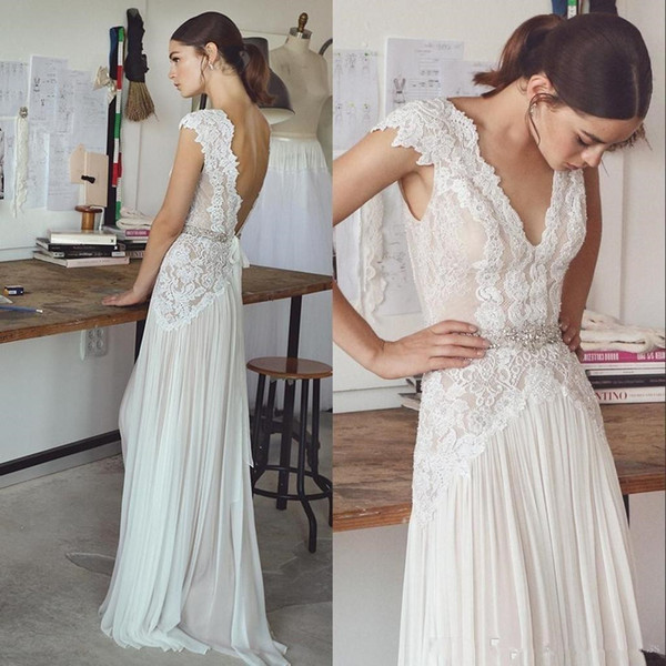 Elegant White Sexy V-Neck Lace A-Line Wedding DressesBackless Cap Sleeves Appliques Crystals Bridal Gowns Plus Size Vestidos De Noiva