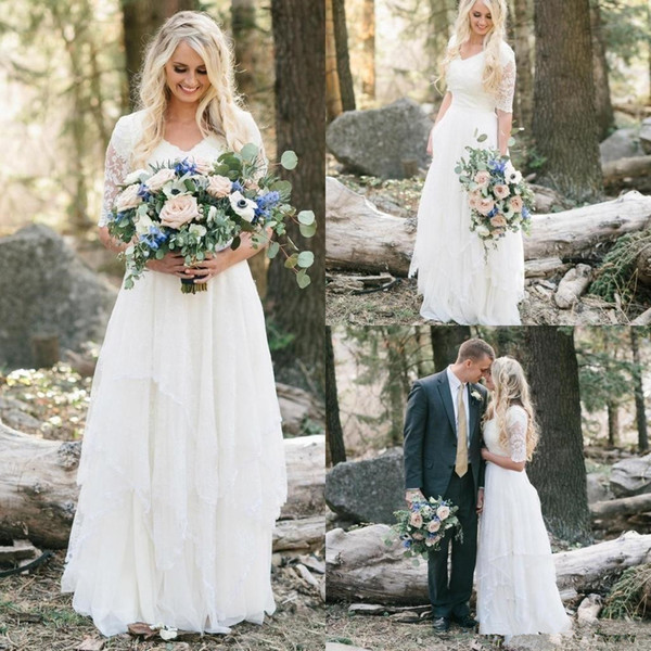 Cheap New Bohemian Forest Wedding Dresses Lace Chiffon Modest V Neck Half Sleeves Long Bridal Gowns Plus Size Dress for Wedding