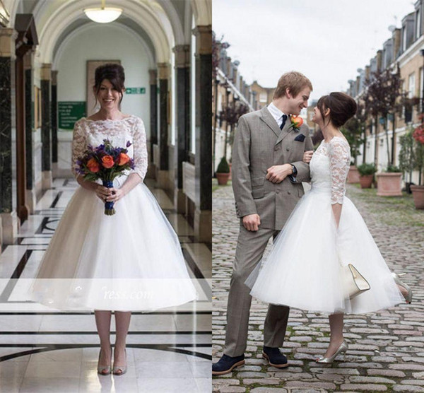 Modest short Lace Tulle skirt country Wedding Dresses Vintage 3 4 Long Sleeves Tea-Length Zipper Back Short Wedding Bridal Dresses
