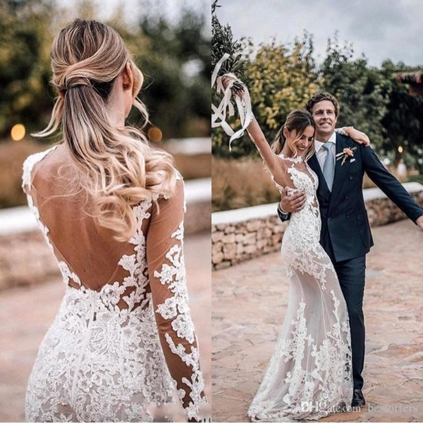 Sexy Sheer Bohemian Wedding Dresses Sheath Long Sleeves Lace Appliqued Backless Beach Boho Bridal Gowns BC1076