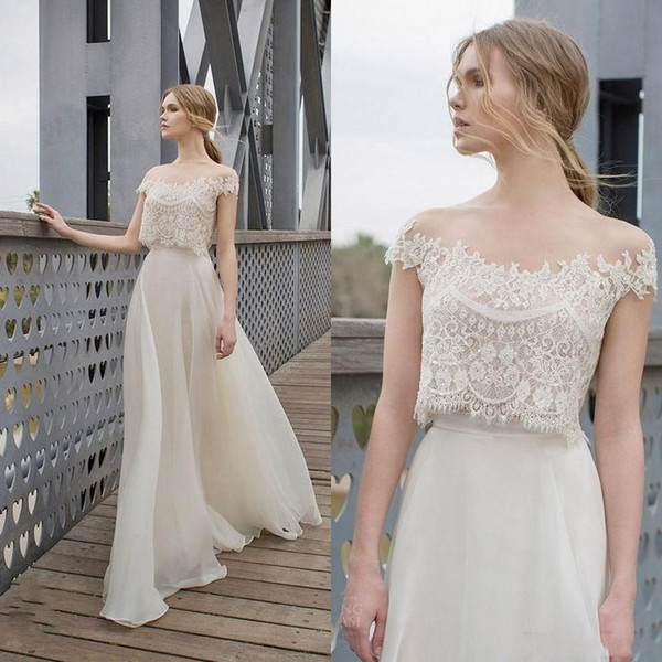 Two Piece BOHO Sheath Wedding Dresses Lace Appliques Bodice Illusion Neckline Chiffon A Line Romantic Bohemian Bridal Dresses Summer