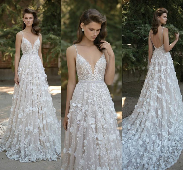 New Gorgeous 3D-Floral Appliques Wedding Dresses Plunging V-neck Spaghetti Straps Backless Lace Wedding Dresses Court Train A4173