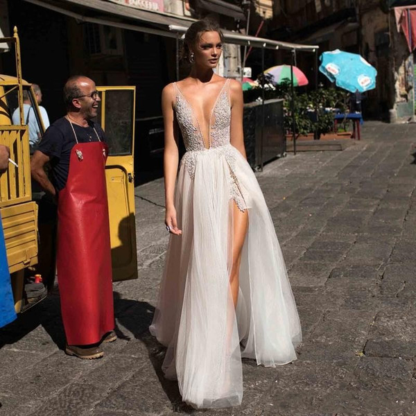 Berta Bohemian Backless Wedding Dresses Sexy Appliqued Sheath Deep V Neck Sequined Split Bridal Gowns Vestido De Novia