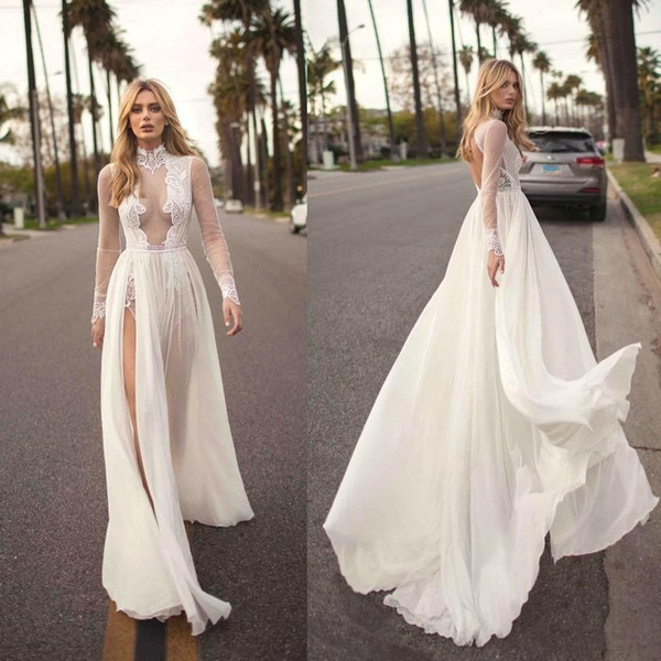 Vintage Muse By Berta Bohemian Wedding Dresses A Line Lace Applique Side Split High Neck Sexy Beach Wedding Gown Plus Size BC1039