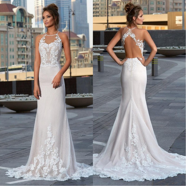 Vintage Coming Bare Back Sexy Wedding Dresses vestido de novia Halter Sleeveless Lace Appliqued Bridal Gowns