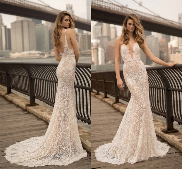 New Arrival Lace Mermaid Wedding Dresses Illusion Bodice Backless Sweep Train Sheath Deep V Neck Bridal Gowns Vestidos
