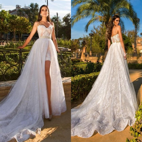 Sexy Sheath Wedding Dresses with Detachable Train Spaghetti Straps Mini Short Wedding Dress Vestidos de Noivas Bridal Gowns