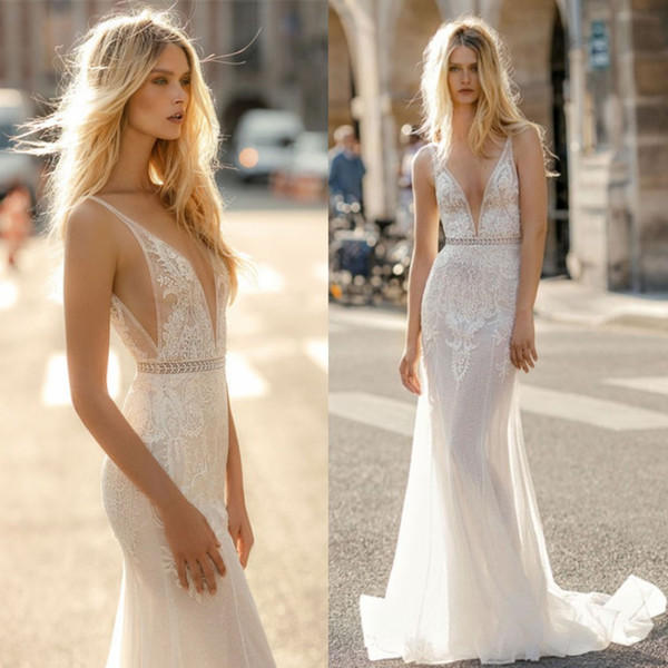 Designed Summer Wedding Dresses Deep V Neck Sheath Mermaid Bridal Gowns Appliques Floor Length Robe de mariee