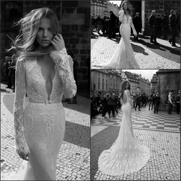 Long Sleeves Lace Sheath Wedding Dresses Sexy Spring Plunging V Neck Bridal Gowns Keyhole Back Court Train Vestidos De Noiva