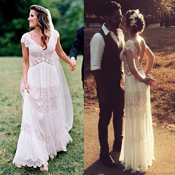 Summer Boho Wedding Dresses Sheer Deep V Neck Backless Bohemia Lace Applique Wedding Gowns Chiffon Court Train Long Bridal Dress bc1407