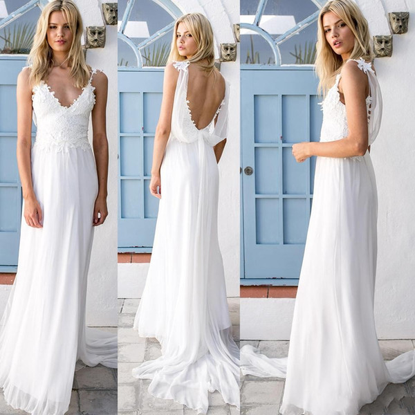 Sexy Bohemian Wedding Dresses Lace Chiffon Backless A-Line Beach Bridal Gowns Vintage Boho Wedding Gowns BA7574